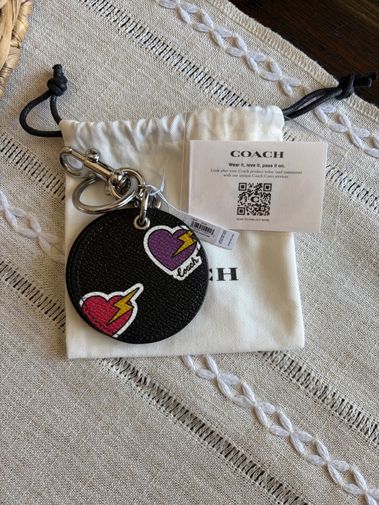 Coach Accessories - Coach Black Round Leather Keyring with Pink & Purple Hearts bag Charm